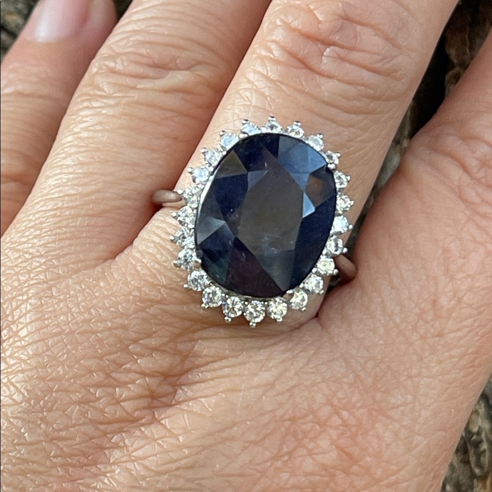NWT Natural Sapphire 16X13mm CZ accents Statement Ring S10 Unheated/ Untreated - Picture 7 of 14